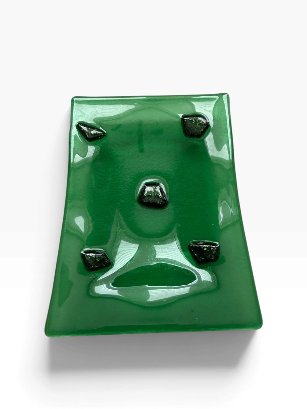 Handcrafted art glass green on green trinket or soap dish
